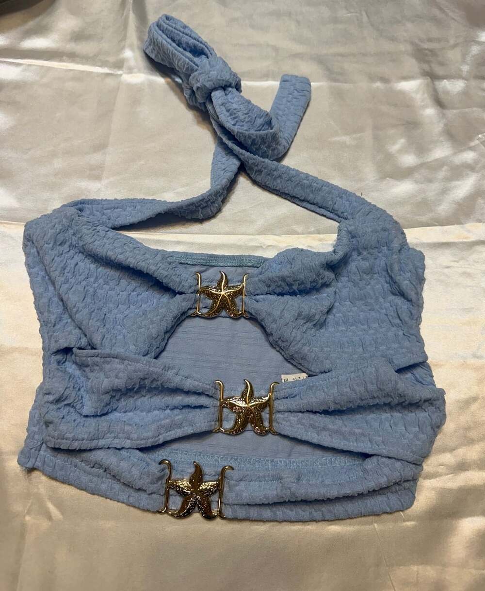 SHEIN Baby Blue Textured Starfish Metal Decor Halter Crop Top
